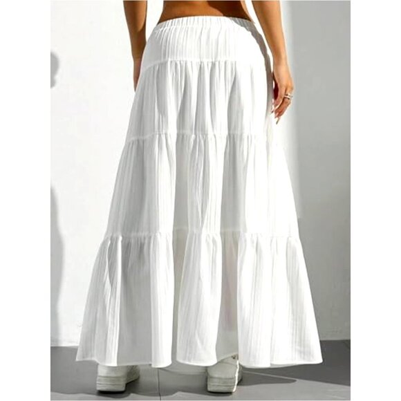 Boho Flowy Maxi Skirt Flared Ruffle Elastic Waist A-Line Chic Summer - Picture 2 of 7